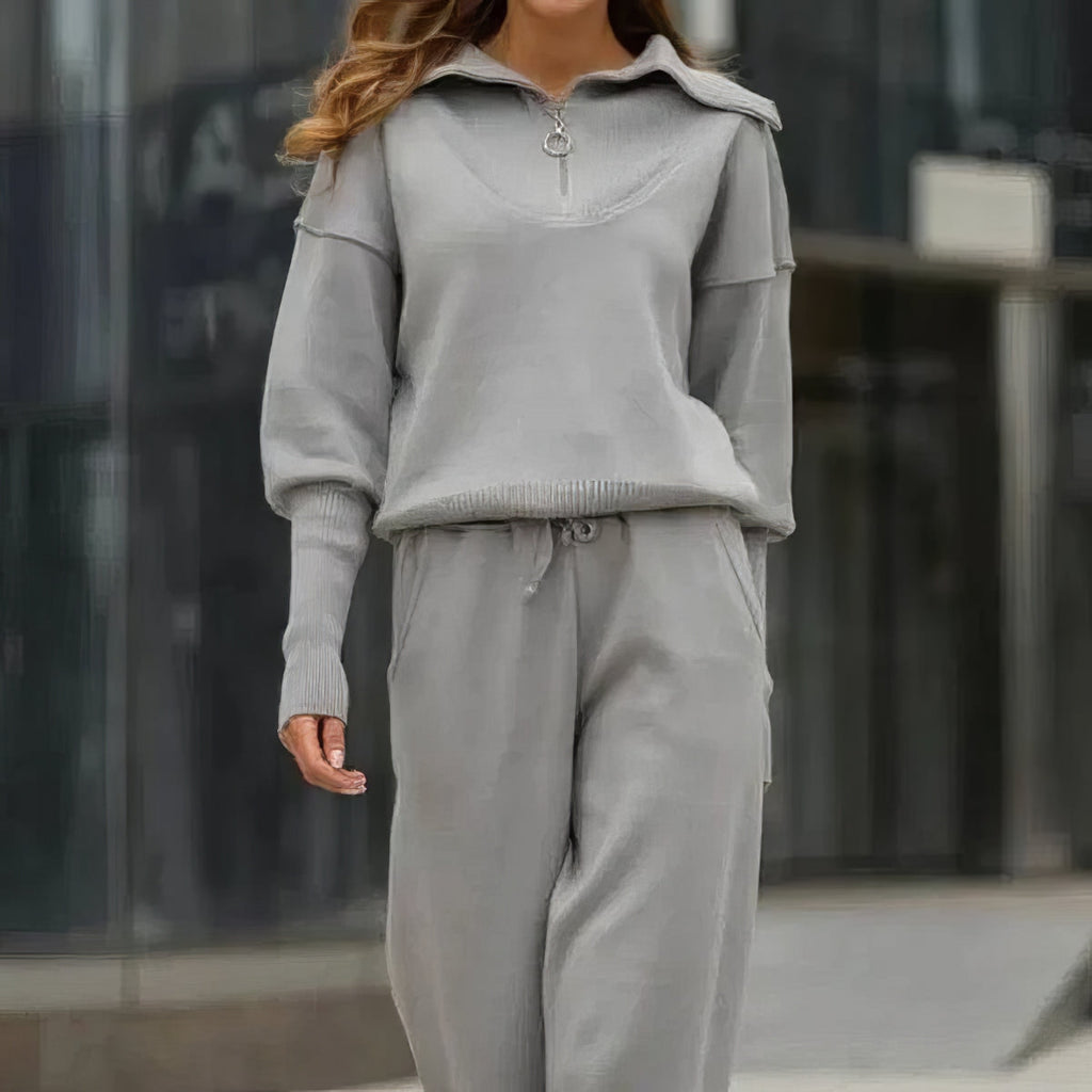Women's Ribbed Two-Piece Lounge Set with Zip Detail - Grey