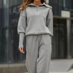 Women's Ribbed Two-Piece Lounge Set with Zip Detail - Grey