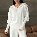 Women's Ribbed Two-Piece Lounge Set with Zip Detail - White