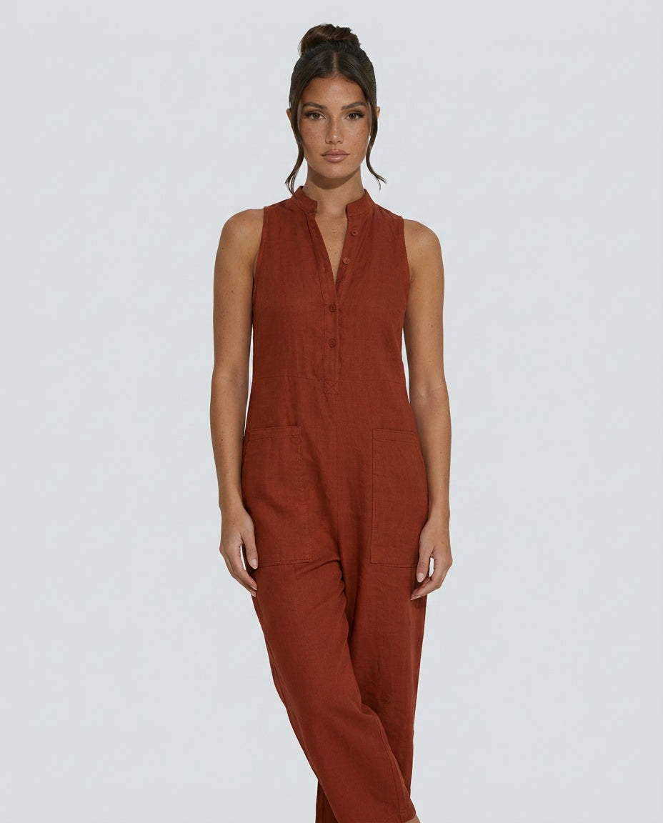 Women's Sleeveless Jumpsuit with Stand Collar and Wide Leg - Red