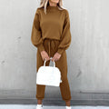 Women's Casual Two-Piece Lounge Set with Joggers - Coffee