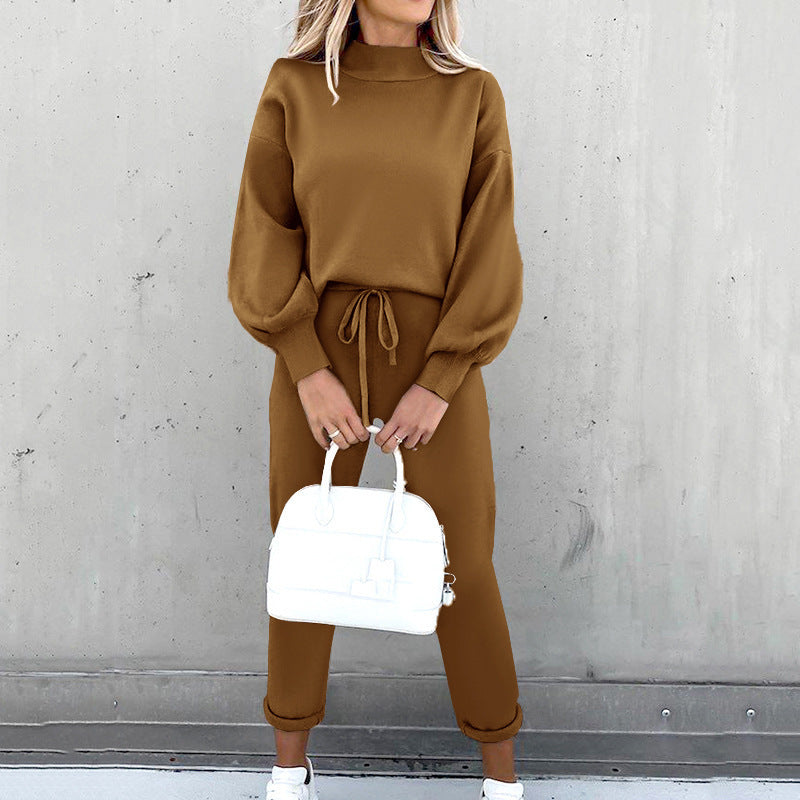 Women's Casual Two-Piece Lounge Set with Joggers - Coffee