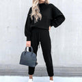 Women's Casual Two-Piece Lounge Set with Joggers - Black
