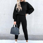 Women's Casual Two-Piece Lounge Set with Joggers - Black