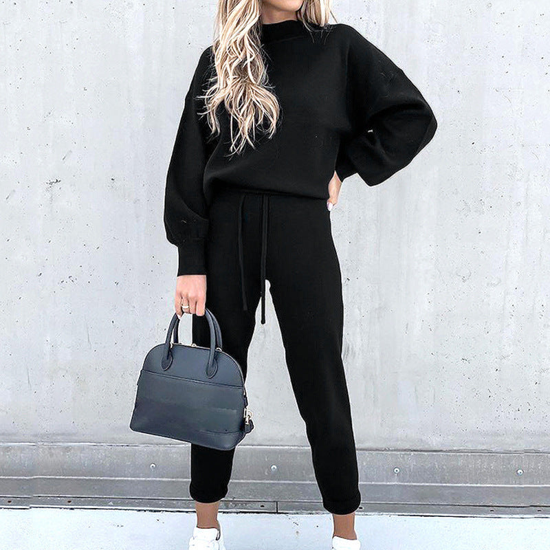 Women's Casual Two-Piece Lounge Set with Joggers - Black