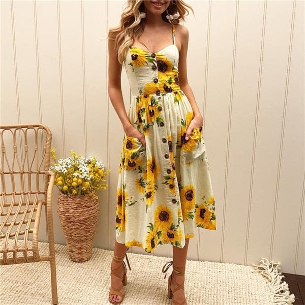 Women's Floral Midi Dress Sleeveless with Button Front and A-Line Skirt - 2