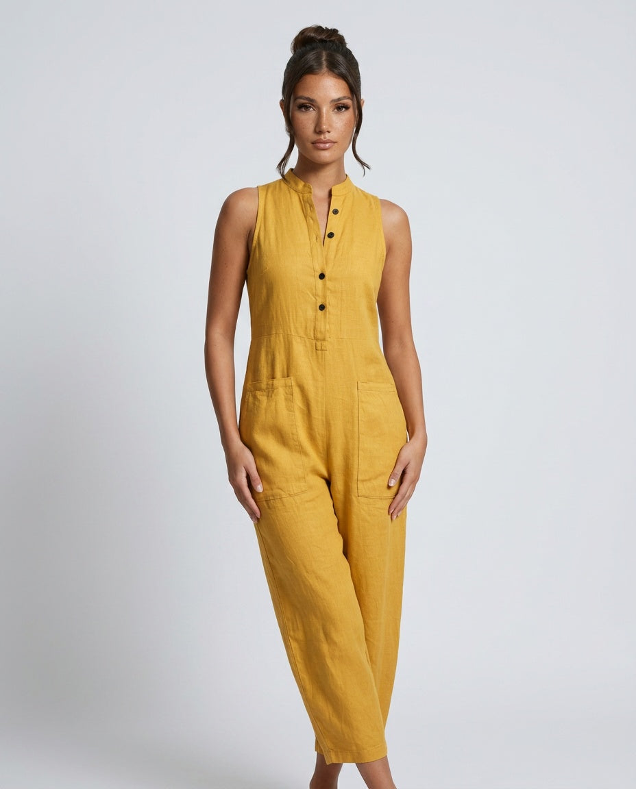 Women's Sleeveless Jumpsuit with Stand Collar and Wide Leg - Yellow