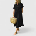 Women's Striped Shirt Dress Short Sleeve Button-Front Midi - Black