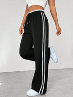 Women's Track Trousers Straight Leg with Side Stripes and Elastic Waistband - Black
