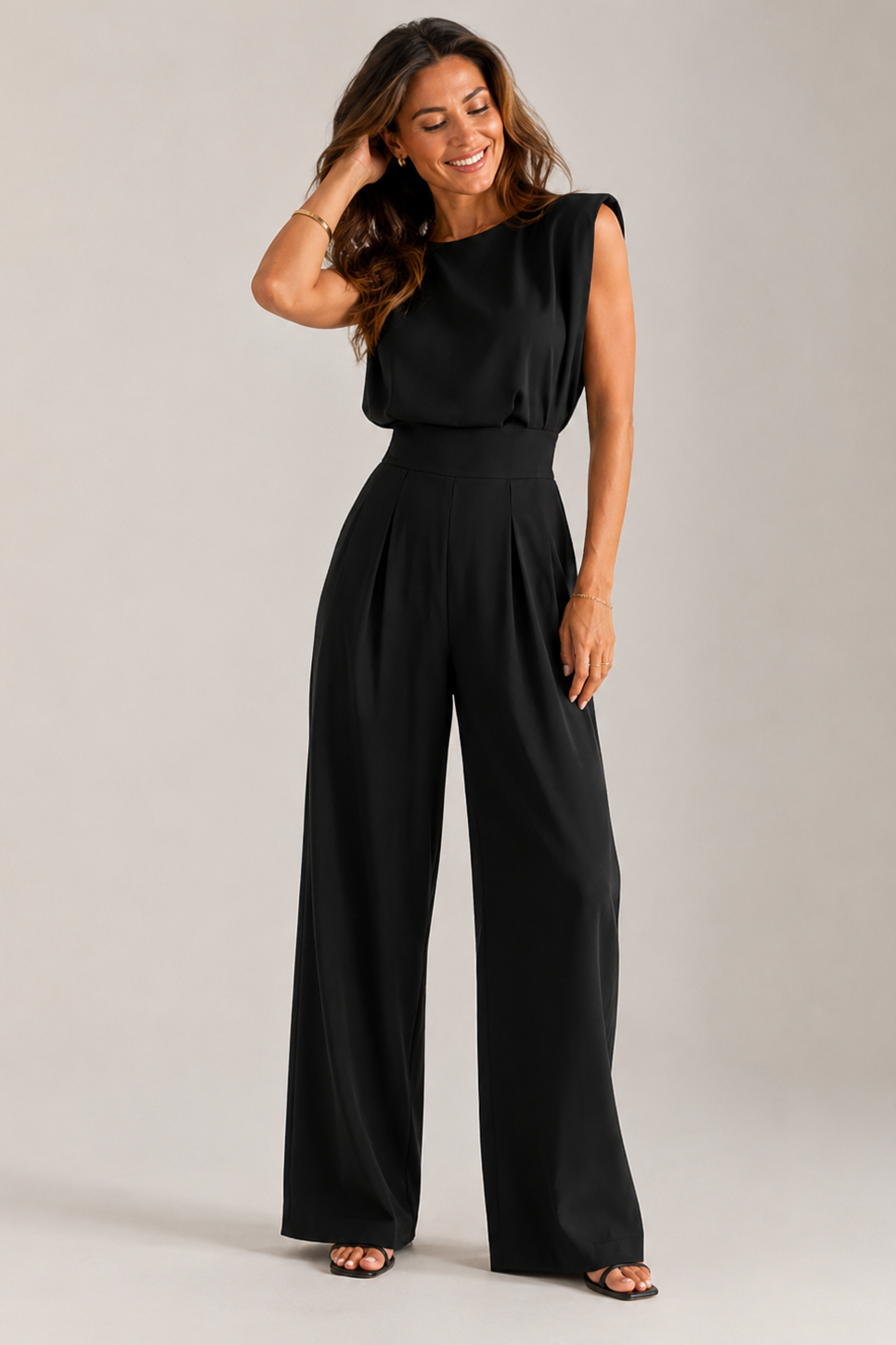 Women's Sleeveless Wide Leg Jumpsuit with Draped Bodice and Pleated Legs - Black