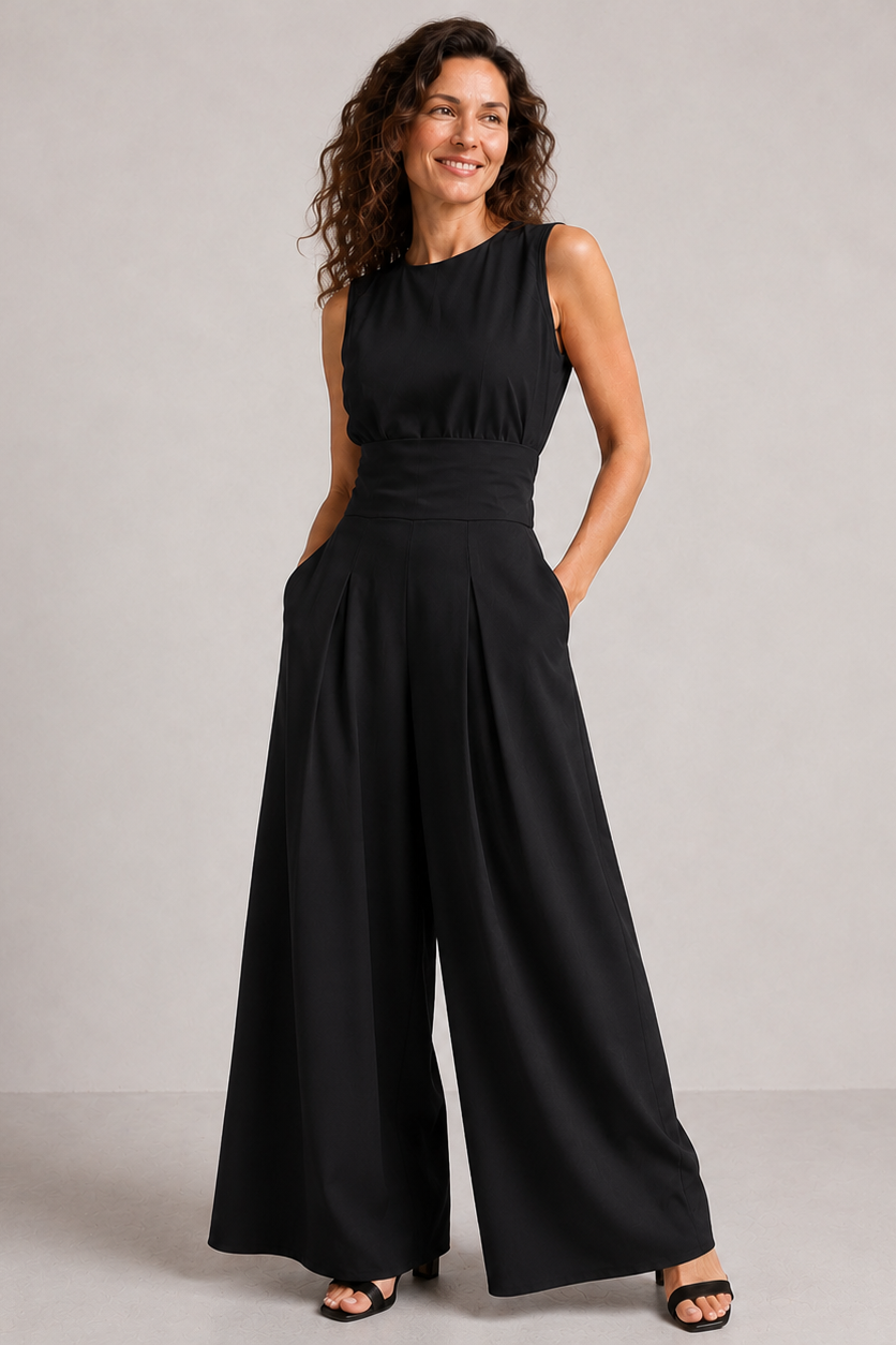 Women's Sleeveless Wide Leg Jumpsuit with High Neck and Wrap Belt - Black
