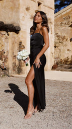 Women's Satin Maxi Dress Sleeveless with Square Neck and Side Slit - Espresso