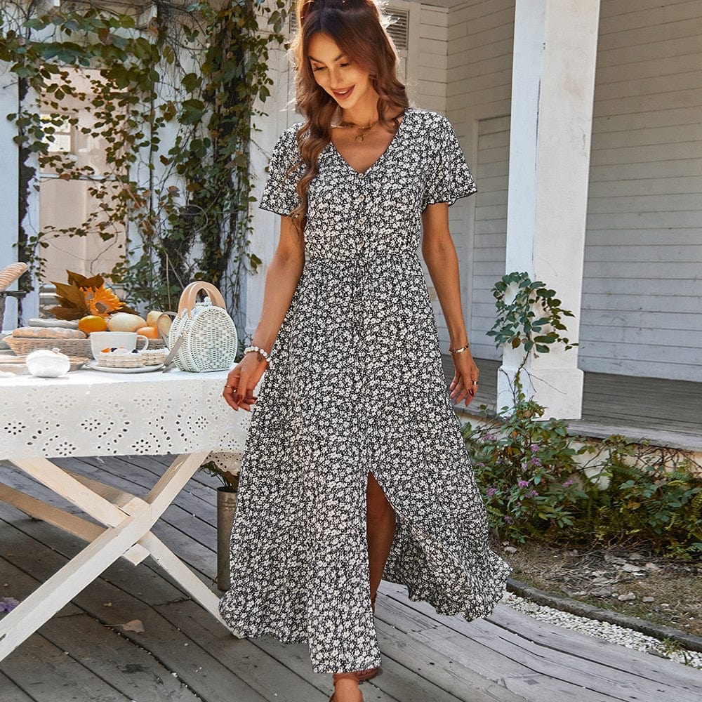 Women's Maxi Dress with V-Neck and Short Sleeves - 2