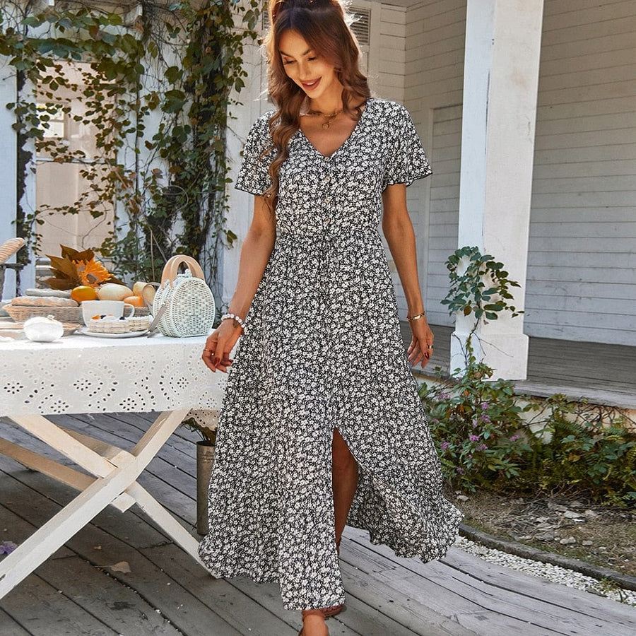 Women's Maxi Dress with V-Neck and Short Sleeves
