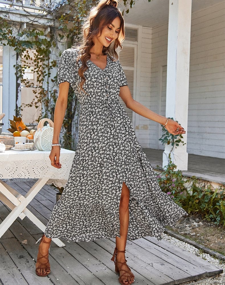 Women's Maxi Dress with V-Neck and Short Sleeves - 3