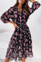 Women's Floral Boho Dress with V-Neck and Tiered Hem - 2