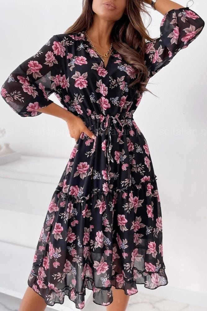 Women's Floral Boho Dress with V-Neck and Tiered Hem - 2