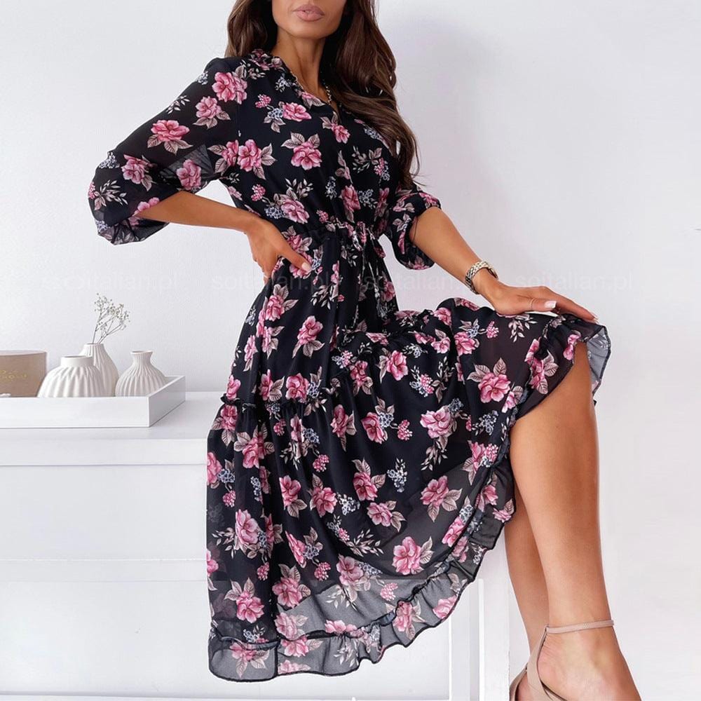 Women's Floral Boho Dress with V-Neck and Tiered Hem - 3