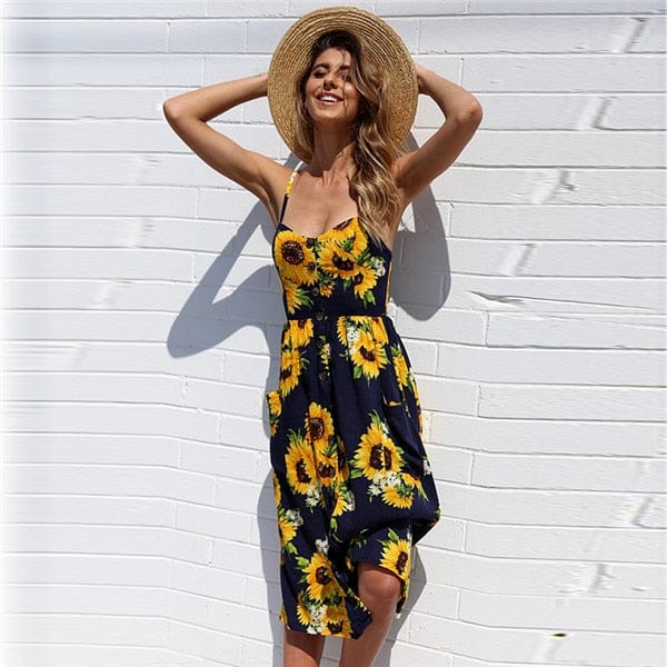 Women's Floral Sundress Spaghetti Strap with Button Front and A-Line Skirt - 2