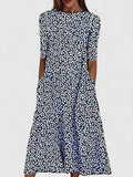 Women's Midi Dress Short Sleeve with Round Neckline and A-Line Silhouette - Dark Blue