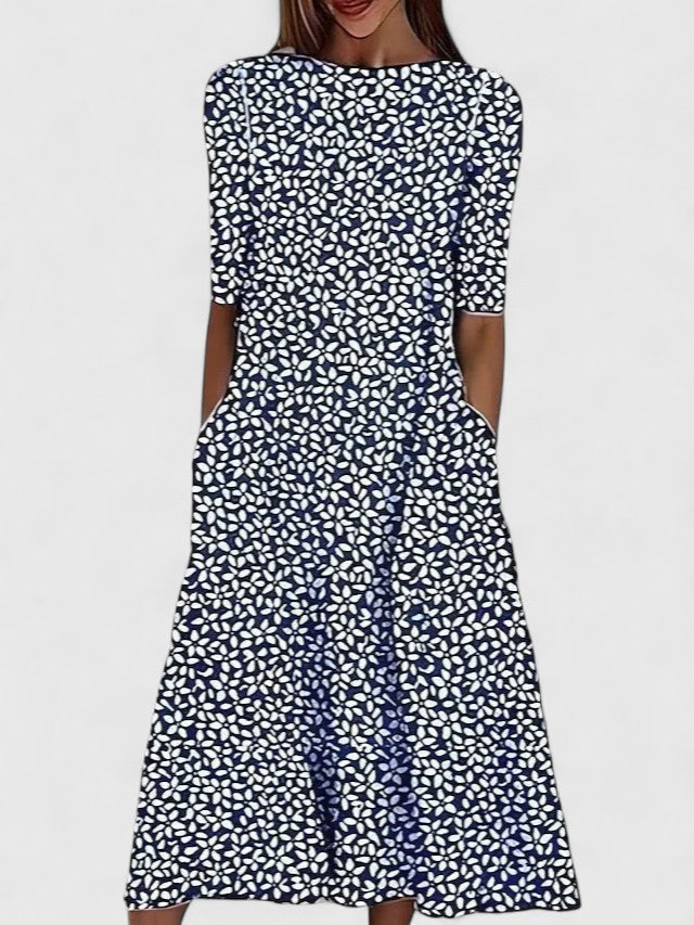 Women's Midi Dress Short Sleeve with Round Neckline and A-Line Silhouette - Dark Blue